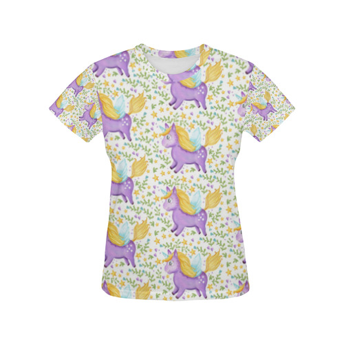 Cute Purple Unicorn Hearts and Stars All Over Print T-Shirt for Women (USA Size) (Model T40)