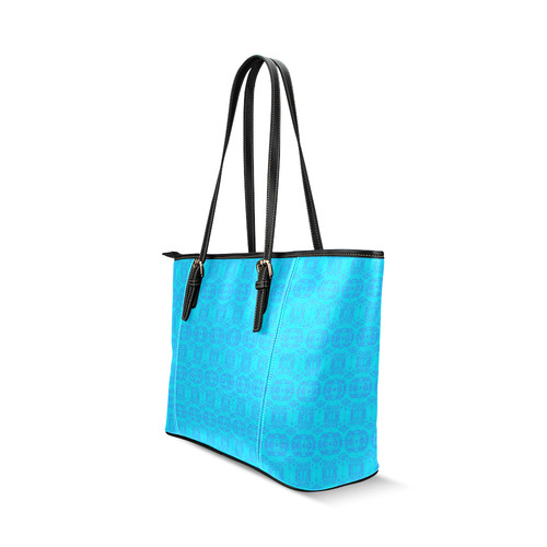 Abstract Blue and Turquoise Damask Pattern Leather Tote Bag/Large (Model 1640)