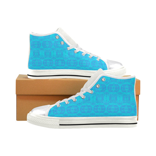 Blue and Turquoise Abstract Damask Pattern Women's Classic High Top Canvas Shoes (Model 017)