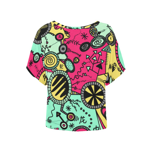 Comic Doodle Illustration in Colour Women's Batwing-Sleeved Blouse T shirt (Model T44)