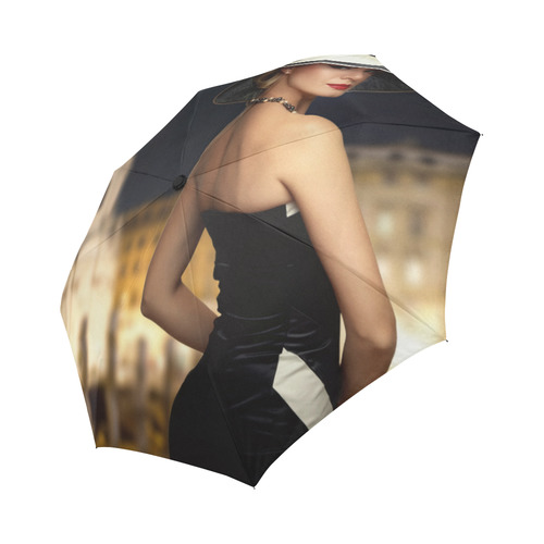 Elegant Beautiful Woman White Hat Black Dress Auto-Foldable Umbrella (Model U04)