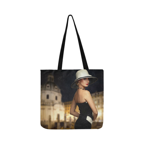Elegant Beautiful Woman White Hat Black Dress Reusable Shopping Bag Model 1660 (Two sides)