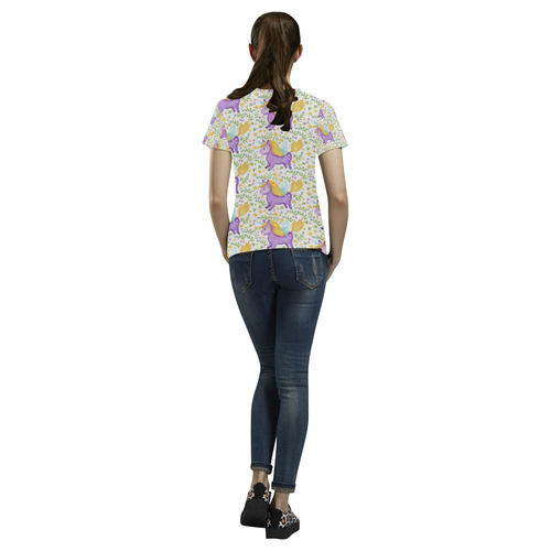Cute Purple Unicorn Hearts and Stars All Over Print T-Shirt for Women (USA Size) (Model T40)