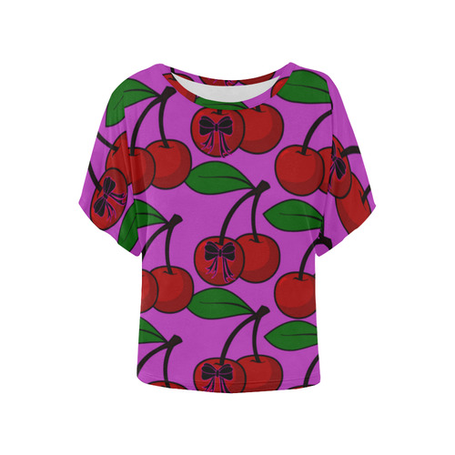 cherry n bow Women's Batwing-Sleeved Blouse T shirt (Model T44)