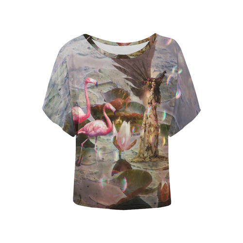 Winged Fairy with Flamingos Women's Batwing-Sleeved Blouse T shirt (Model T44)