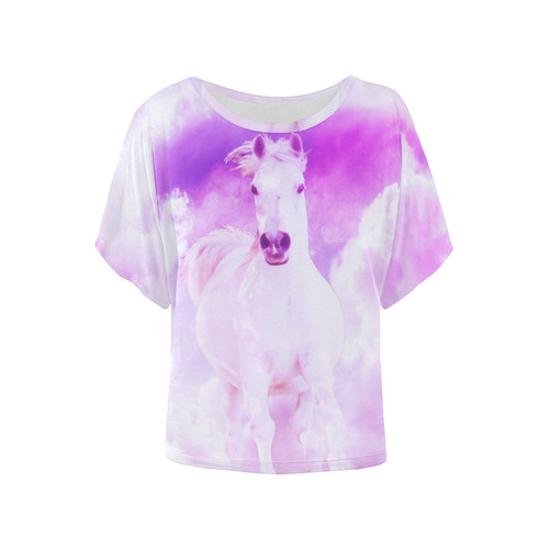 Girly Romantic Pink Horse In The Sky Women's Batwing-Sleeved Blouse T shirt (Model T44)