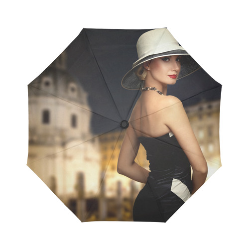 Elegant Beautiful Woman White Hat Black Dress Auto-Foldable Umbrella (Model U04)