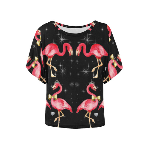 royal pink flamingo on black Women's Batwing-Sleeved Blouse T shirt (Model T44)