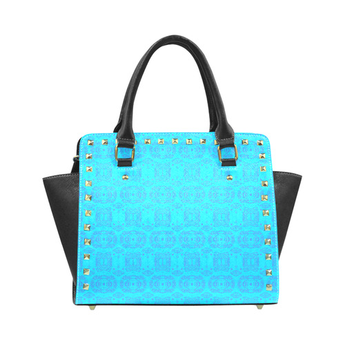 Blue and Turquoise Abstract Damask Rivet Shoulder Handbag (Model 1645)