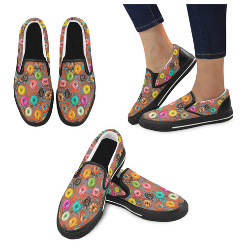 Colorful Yummy Donuts Hearts Ornaments Pattern Women's Slip-on Canvas Shoes/Large Size (Model 019)