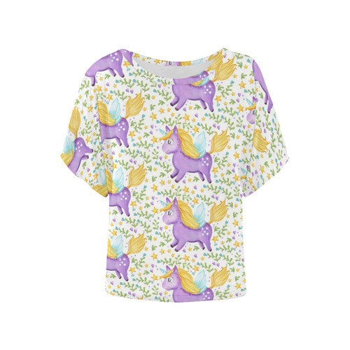 Cute Purple Unicorn Hearts and Stars Women's Batwing-Sleeved Blouse T shirt (Model T44)