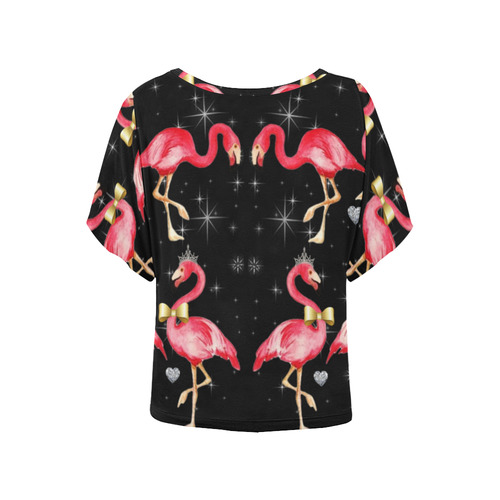 royal pink flamingo on black Women's Batwing-Sleeved Blouse T shirt (Model T44)