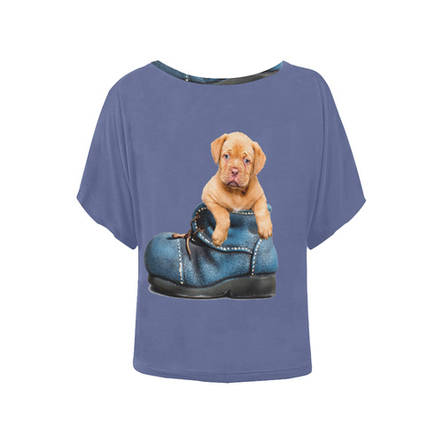 Lovely Puppy in a Blue Shoe Women's Batwing-Sleeved Blouse T shirt (Model T44)