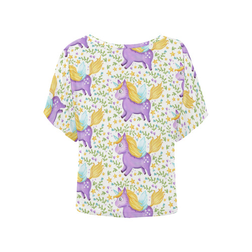 Cute Purple Unicorn Hearts and Stars Women's Batwing-Sleeved Blouse T shirt (Model T44)