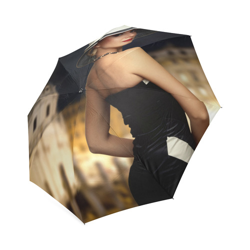 Elegant Beautiful Woman White Hat Black Dress Foldable Umbrella (Model U01)