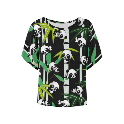 Satisfied and Happy Panda Babies on Bamboo Women's Batwing-Sleeved Blouse T shirt (Model T44)