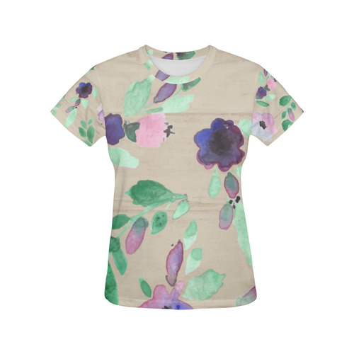 Green Pink Purple Watercolor Rustic Floral All Over Print T-Shirt for Women (USA Size) (Model T40)