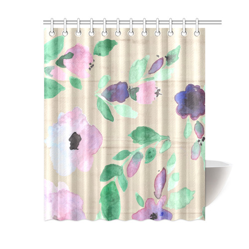 Green Pink Purple Watercolor Floral Rustic Shower Curtain 60"x72"