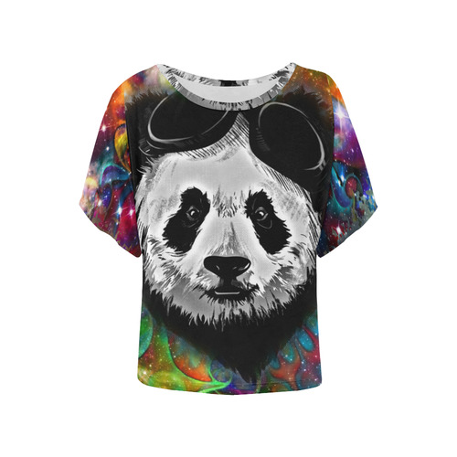 Psychedelic Flower Power Galaxy PANDA Painting Women's Batwing-Sleeved Blouse T shirt (Model T44)