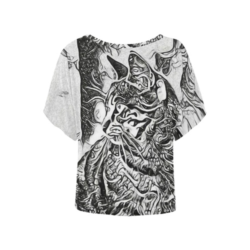 Black White Drawing of a CAT Women's Batwing-Sleeved Blouse T shirt (Model T44)