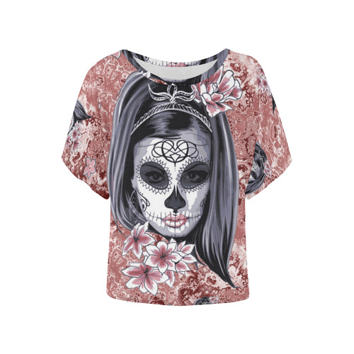 Skull Of A Pretty Flowers Lady Pattern Women's Batwing-Sleeved Blouse T shirt (Model T44)