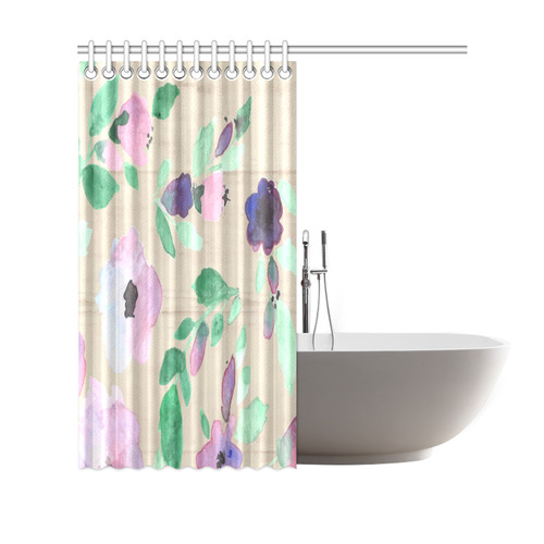 Green Pink Purple Watercolor Floral Rustic Shower Curtain 69"x70"