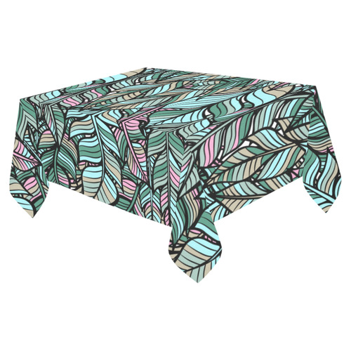 Boho Feathers Green Aqua Pink Cotton Linen Tablecloth 52"x 70"
