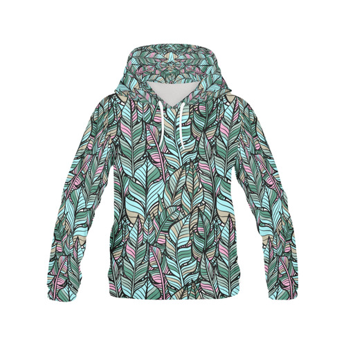 Boho Feathers Green Aqua Pink All Over Print Hoodie for Women (USA Size) (Model H13)