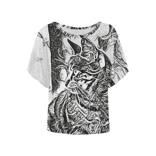 Black White Drawing of a CAT Women's Batwing-Sleeved Blouse T shirt (Model T44)
