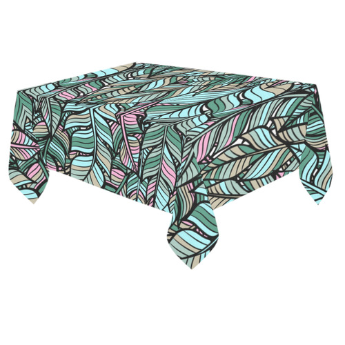 Boho Feathers Green Aqua Pink Cotton Linen Tablecloth 60"x 84"