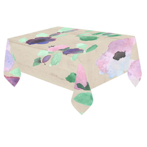 Green Pink Purple Watercolor Rustic Floral Cotton Linen Tablecloth 60"x 84"