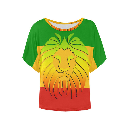 Rastafari Lion Flag green yellow red Women's Batwing-Sleeved Blouse T shirt (Model T44)