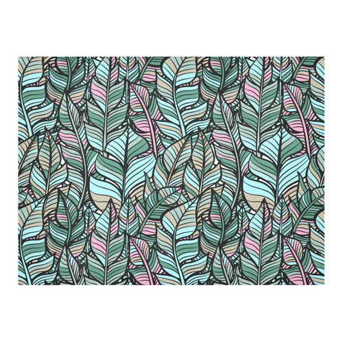 Boho Feathers Green Aqua Pink Cotton Linen Tablecloth 52"x 70"