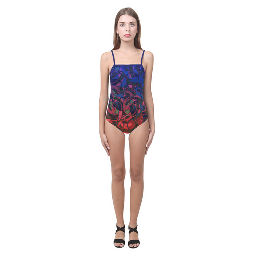 Hot and Cold Abstract - Blue and Deep Red Strap Swimsuit ( Model S05)