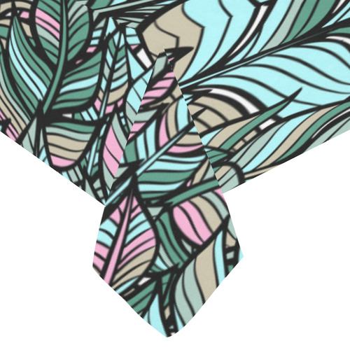 Boho Feathers Green Aqua Pink Cotton Linen Tablecloth 60"x 104"