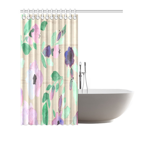 Green Pink Purple Watercolor Floral Rustic Shower Curtain 72"x72"
