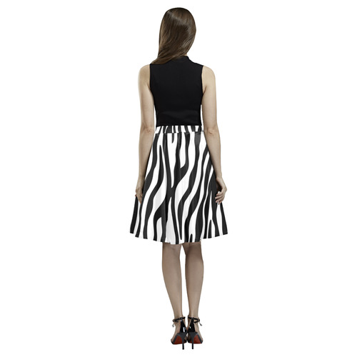 Zebra Stripes Pattern - Traditional Black White Melete Pleated Midi Skirt (Model D15)