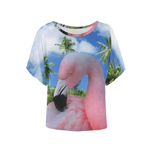 Flamingo and Beach Women's Batwing-Sleeved Blouse T shirt (Model T44)
