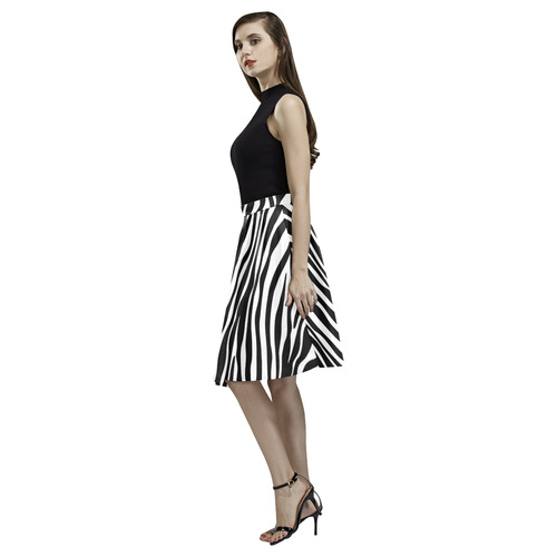 Zebra Stripes Pattern - Traditional Black White Melete Pleated Midi Skirt (Model D15)