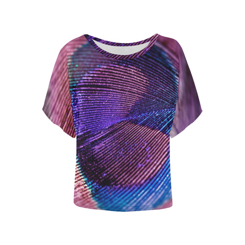 Purple Peacock Feather Women's Batwing-Sleeved Blouse T shirt (Model T44)