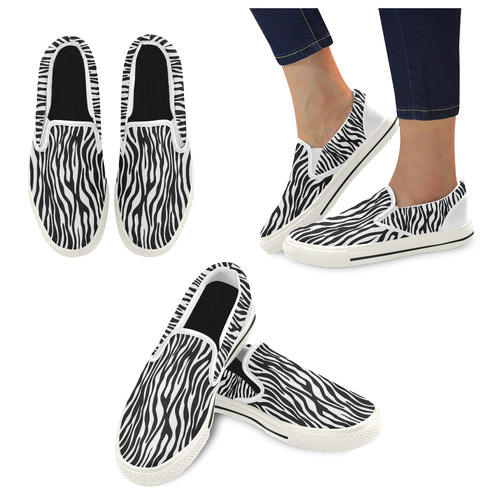 Zebra Stripes Pattern - Traditional Black White Women's Slip-on Canvas Shoes/Large Size (Model 019)