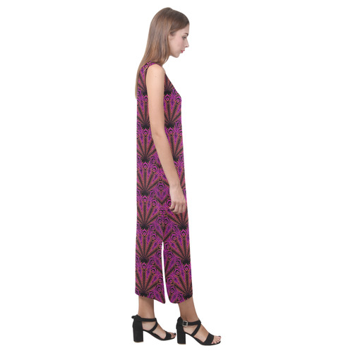 Feather pattern pink orange by JamColors Phaedra Sleeveless Open Fork Long Dress (Model D08)