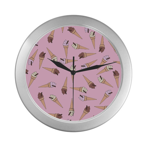 Pink Fun Ice Cream Pattern Silver Color Wall Clock