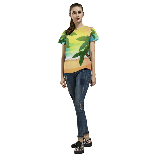 Tropical Sunset Palm Trees Beach All Over Print T-Shirt for Women (USA Size) (Model T40)