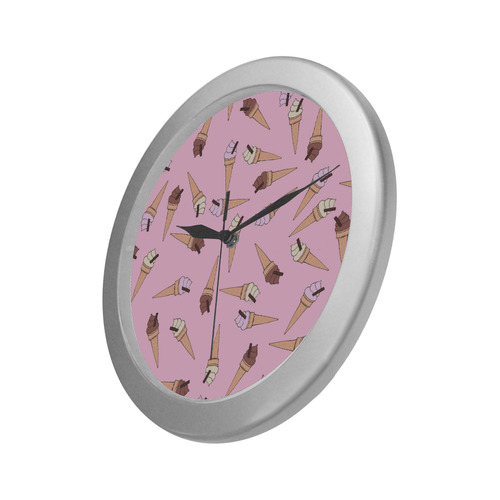Pink Fun Ice Cream Pattern Silver Color Wall Clock