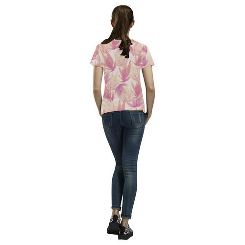 Watercolor Floral Leaf Pattern- All Over Print T-Shirt for Women (USA Size) (Model T40)