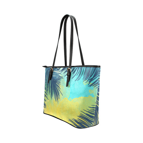 Palm Trees Tropical Watercolor Leather Tote Bag/Large (Model 1651)