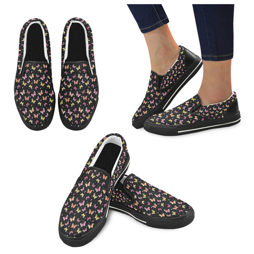 Watercolor Butterflies Black Edition Women's Slip-on Canvas Shoes/Large Size (Model 019)