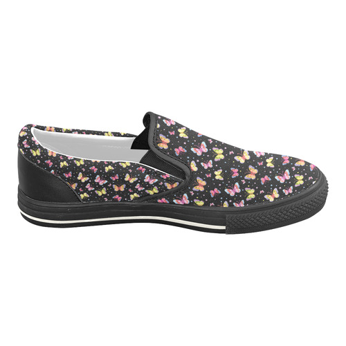 Watercolor Butterflies Black Edition Women's Slip-on Canvas Shoes/Large Size (Model 019)