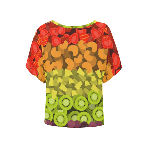 Red Green Yeelow Fruit Pattern Kiwi Grapes Women's Batwing-Sleeved Blouse T shirt (Model T44)